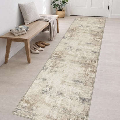 2.6x14 Washable Runner Rug:Modern Abstract Soft Carpet Beige Brown | - Image 3