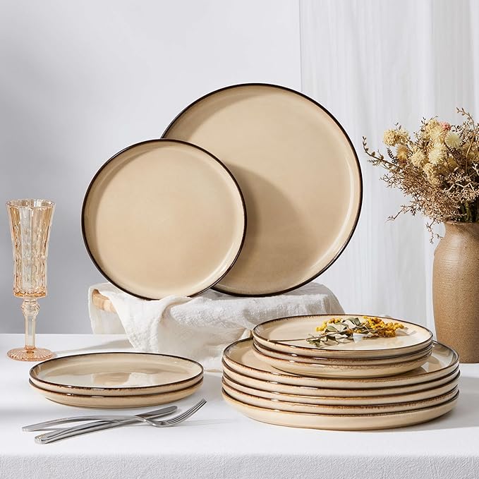 Herogo Ceramic 7.9 Inch Dinner Dessert Plates Set of 6, Small Stoneware Dinnerware Plate Set, Double Reactive Glaze Large Dinnerware Plates for Kitchen, Microwave, Oven & Dishwasher Safe, Cream Khaki