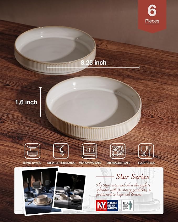 famiware Star 8.25" Pasta Bowls, Large Dinner Bowls Set of 6, Salad Bowl Plates, Shallow Bowls for Eating, Cappuccino White