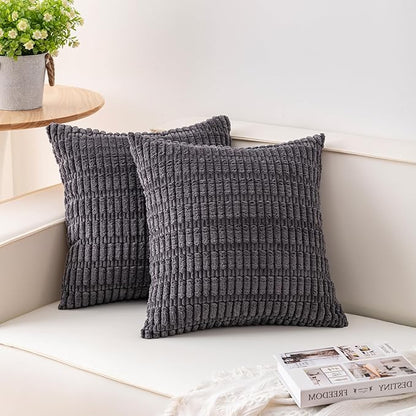Pack of 2 Corduroy Decorative Throw Pillow Covers 18x18 Inch, Dark Grey | Fall by Unknown