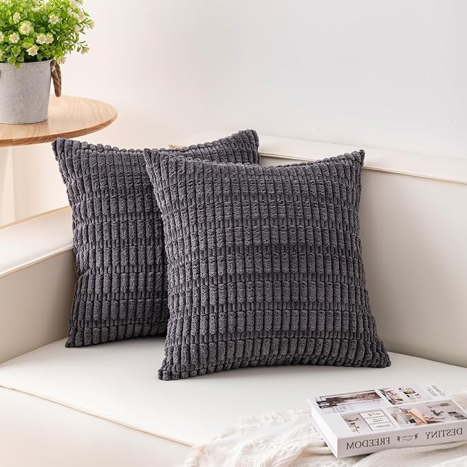 Pack of 2 Corduroy Decorative Throw Pillow Covers 20x20 Inch, Dark Grey | Fall by Unknown