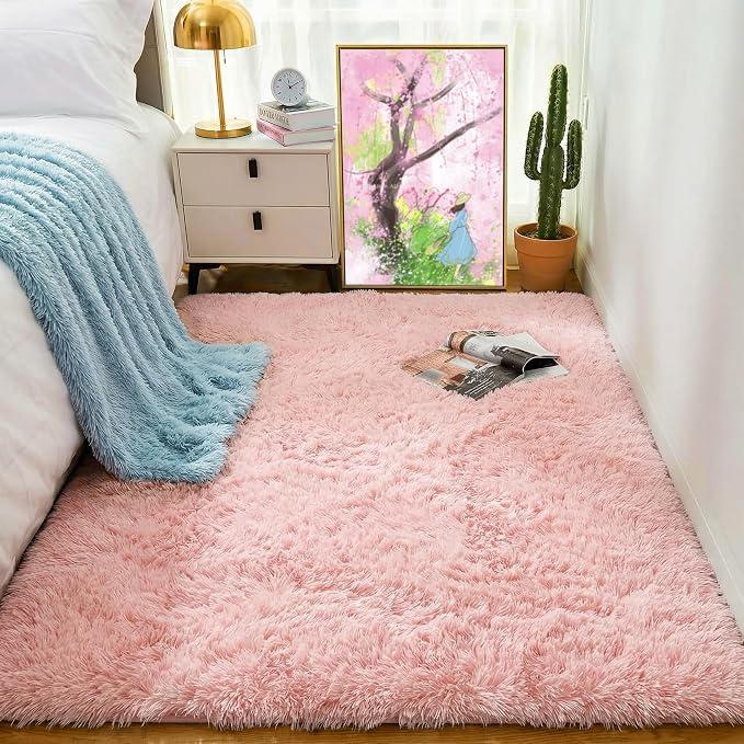 Pink Fluffy Shag Area Rugs for Bedroom 3x5 Ft, Bedside Preppy Dorm Area Rug | - Image 4