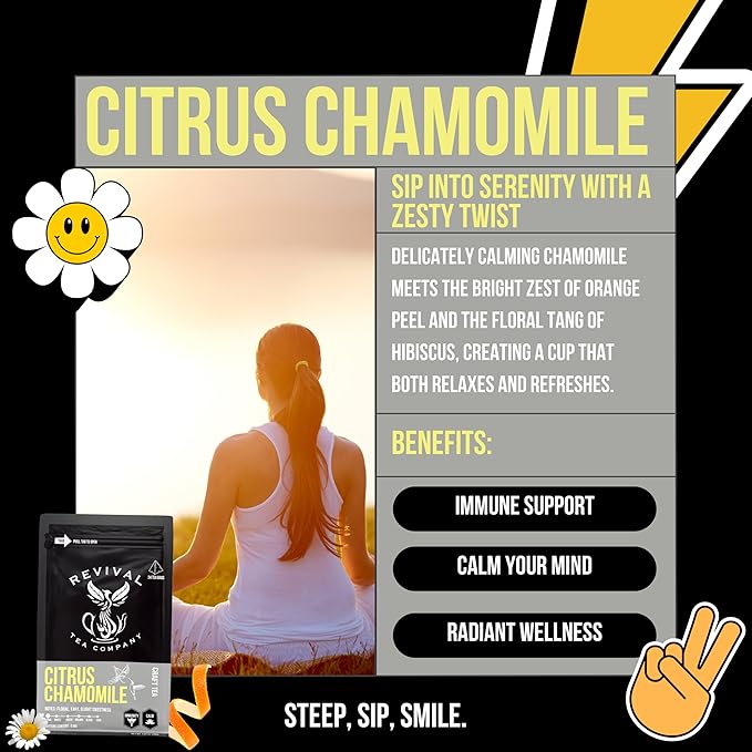 Revival Tea Company Citrus Chamomile Tea - Herbal Tea Blend of Chamomile Flowers and Orange Peel - Caffeine Free - Loose Leaf 3 Ounces