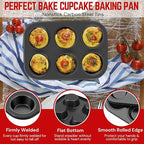 Flexzion Muffin Tray Cupcake Baking Pan 2 Pack, 6-Cup Nonstick Carbon Steel Muffin Tins Non-Stick Cupcake Tin Bakeware Accessories for Baking Cupcakes Muffin Brownies Snacks, Easy Clean, Fridge Safe
