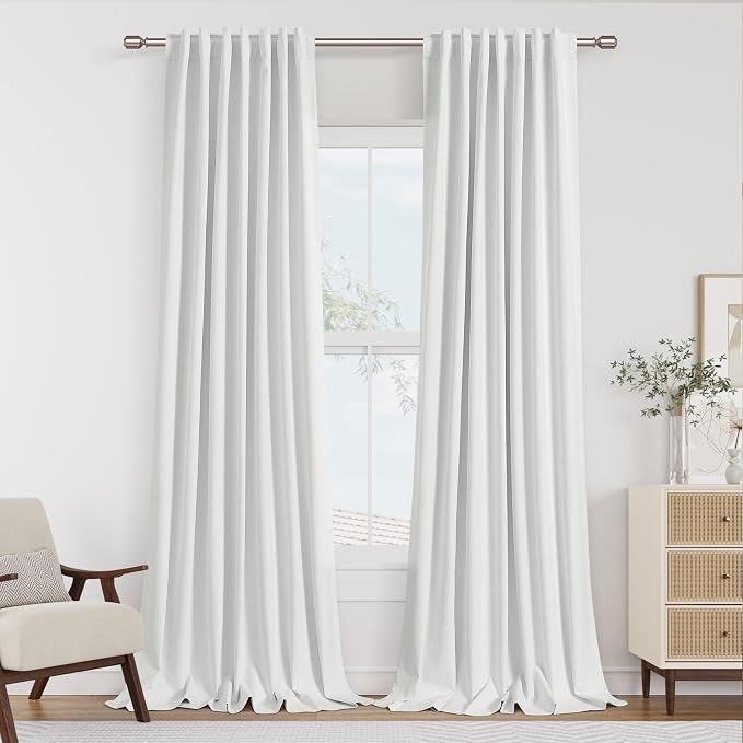 White 100% Blackout Linen Curtains 95 Inch Length 2 Panels Set by Guken