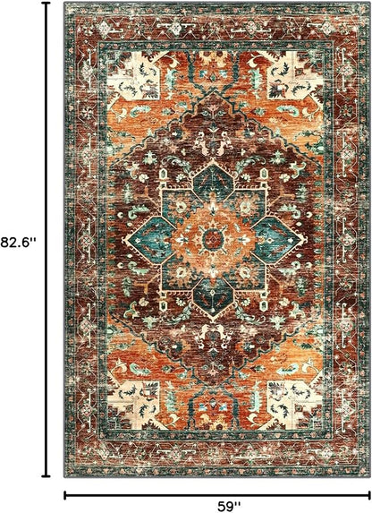 Yamaziot Area Rug 5x7, Non-Slip Washable Boho Vintage Living Room Rug | Stain - Image 2