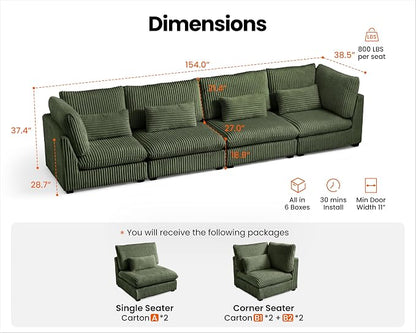 154" Oversized Corduroy Couch Modular Sectional Sofa, Washable Cloud Couch - Image 2