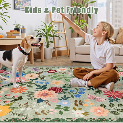 PLHXFR 2x5 Washable Runner Rug：Floral Indoor Kitchen Soft Carpet Green | - Image 6