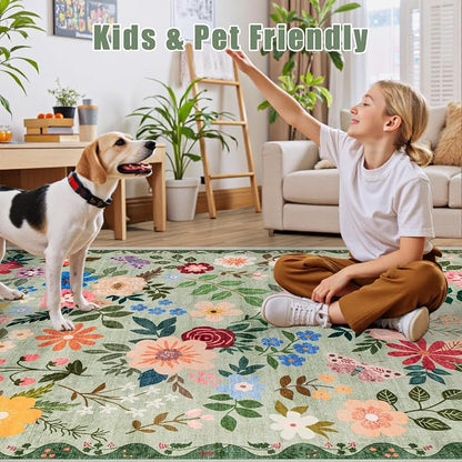 PLHXFR 2.6x14 Washable Runner Rug：Floral Indoor Kitchen Soft Carpet Green | - Image 6