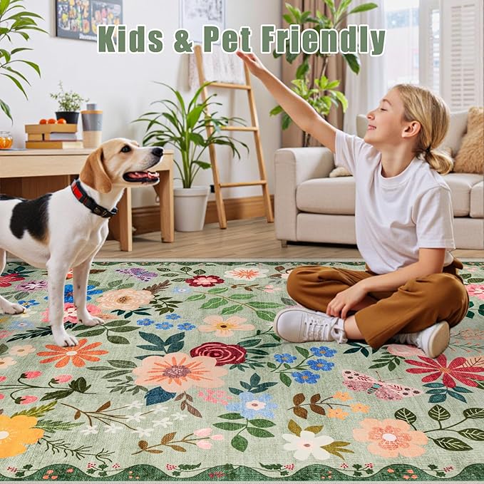PLHXFR Area Rug 10x12 Living Room: Floral Washable Boho Soft Carpet Green | - Image 7