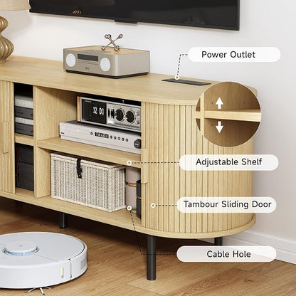 63" TV Stand with Power Outlet, Modern Media Console with Sliding Doors - Image 6