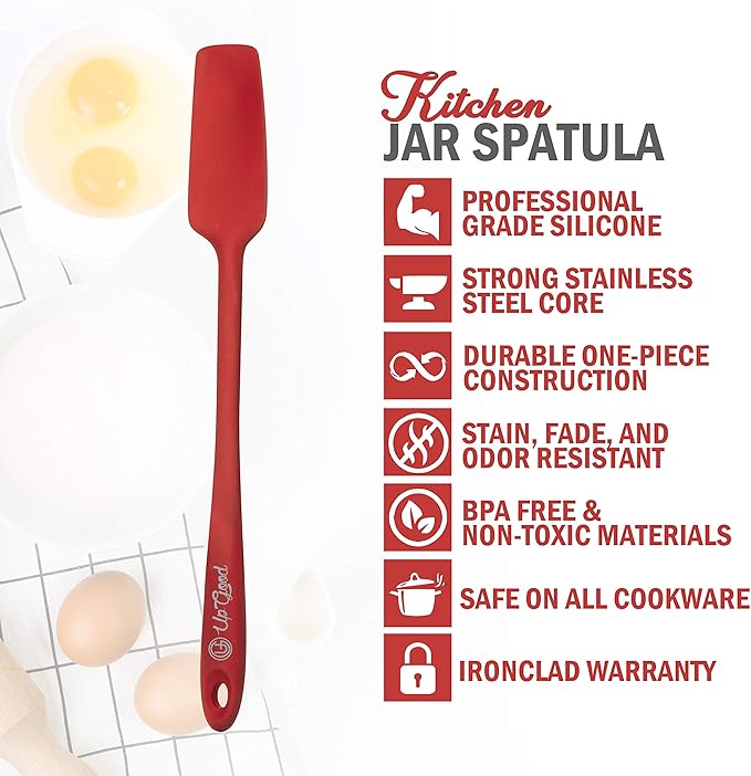 Silicone Jar Spatula | 600F Heat Resistant Non-Stick Rubber Scraper | Perfect for Jars, Smoothies, Blenders | One Piece Utensils | Durable Kitchen Cookware (UpGood Professional Spatulas, Red)