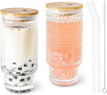 16oz Drinking Glasses Cups Set of 2 with Bamboo Lids Straws Brush Vintage Glassware Set for Mojito Iced Coffee Beer Cocktail Whiskey(Ribbed & Hobnail)