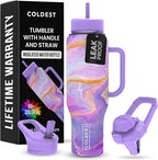 Coldest 40 oz Tumbler with Handle and Straw - 100% Leak Proof Insulated Tumbler with Lid and Straw (3 Lids) - Stainless Steel Tumblers for Women & Men - Cup Holder Friendly Base, 46 oz (Purple Luna)