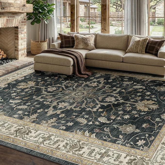 RELEANY Washable Area Rug, Water Repellent, Pet Friendly, Vintage Floral Boho by RELEANY