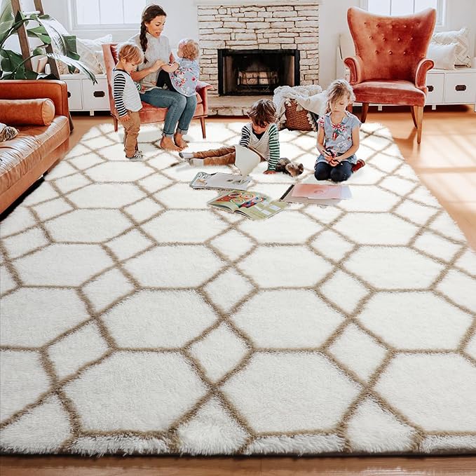 Area Rugs for Living Room, 7x10 Fluffy White and Beige Modern Bedroom Rug | - Image 7