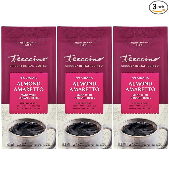 Teeccino Almond Amaretto Chicory Coffee Alternative - Ground Herbal Coffee That’s Prebiotic, Caffeine Free & Acid Free, Medium Roast, 11 Ounce (Pack of 3)