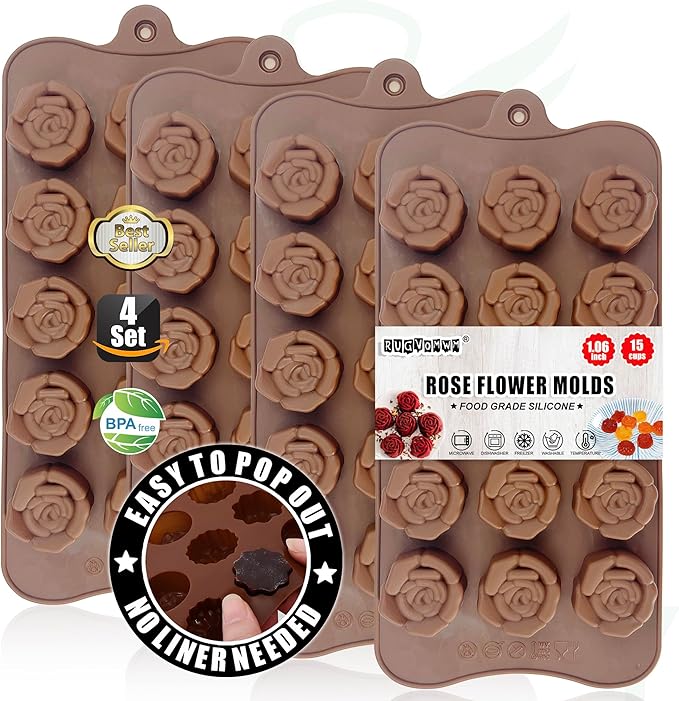 Rose Flower Shaped Silicone Chocolate Molds，BPA Free & Non-stick Silicone Tray for Hard Candy Caramels Jello Gummy Truffles Ice Cubes Soap - 4 Pack