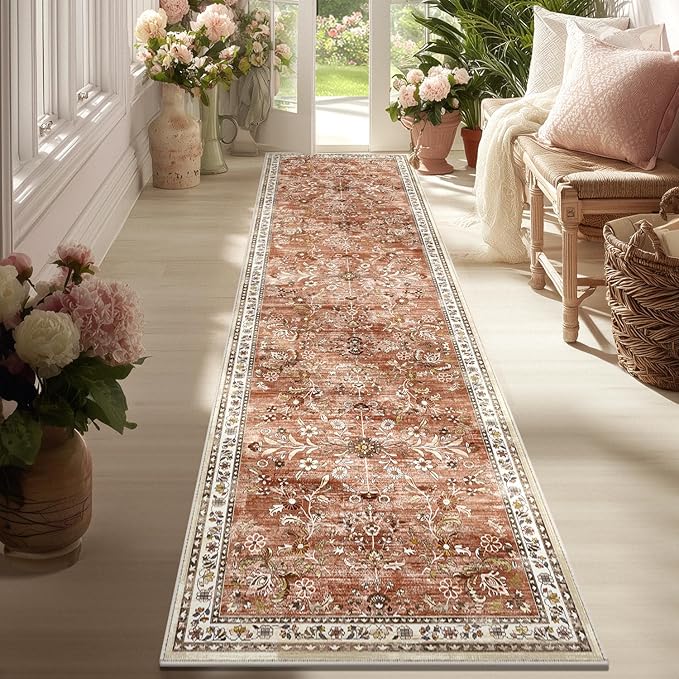 Yamaziot 2x8 Washable Hallway Runner Rug Non Slip Floral Carpet, Brick-red | by Yamaziot
