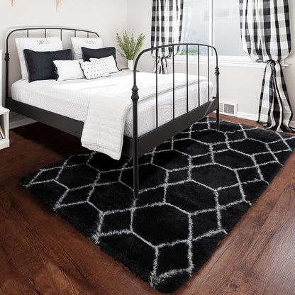 Area Rugs for Living Room, 5x8 Fluffy Black and White Bedroom Geometric Rug | - Image 7
