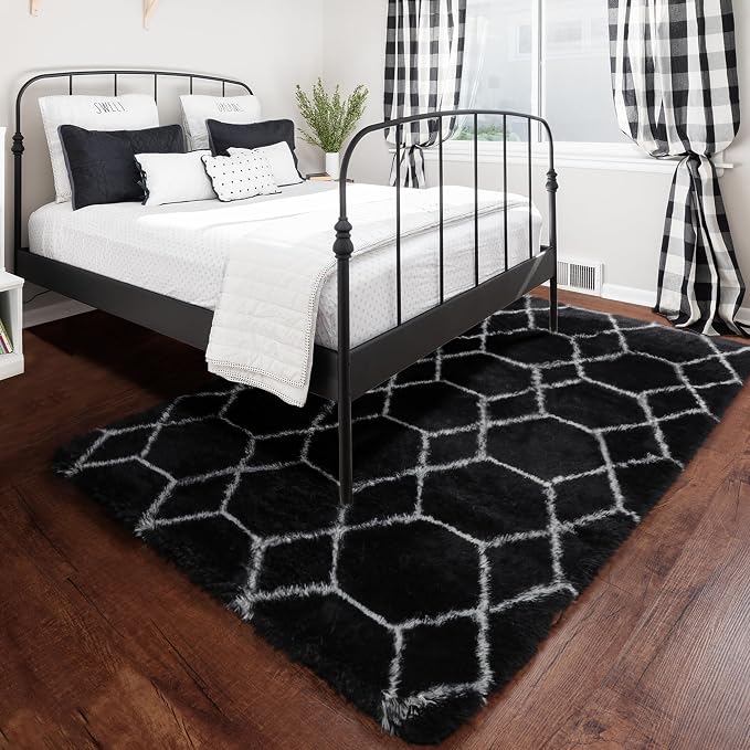 5x7 Area Rugs for Living Room Bedroom, Fluffy Black and White Geometric Rug | - Image 6