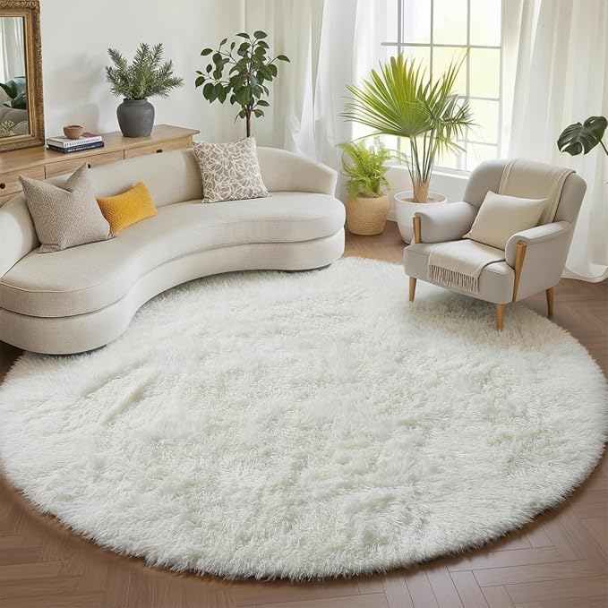 Cream White Round Rugs 7ft for Living Room, Ivory Fluffy Bedroom Circle Area Rug - Image 5