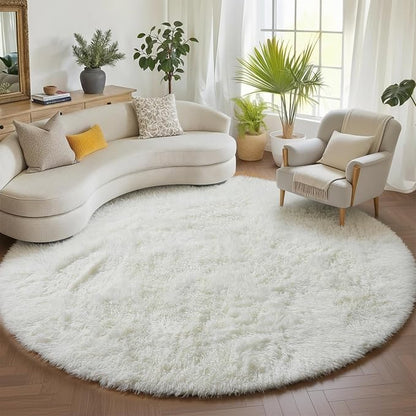 Cream White Round Area Rugs 6ft, Fluffy Soft Bedroom Circle Rug Floor Mat by ONASAR