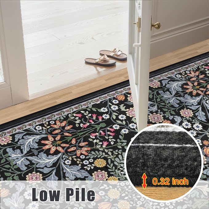 PLHXFR 2.6x8 Washable Runner Rug：Floral Indoor Kitchen Carpet Dark Black | - Image 9