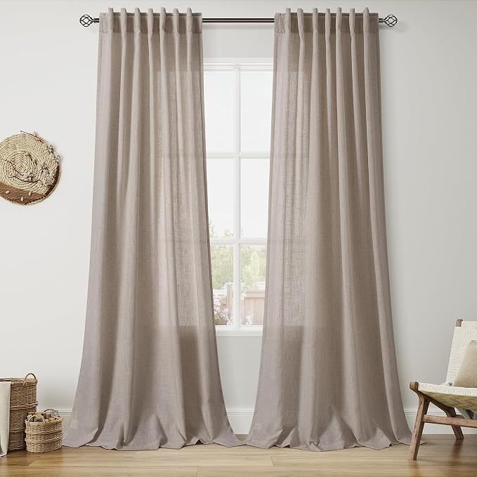 Ecru Linen Curtains for Living Room 105 Inches Long Light Filtering Semi Sheer by Nanspring