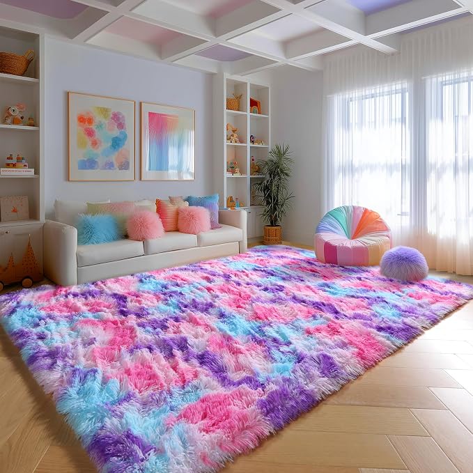 Rainbow Purple Rugs for Girls Bedoom 5x7 Ft, Fluffy Pastel Princess Carpet | - Image 2