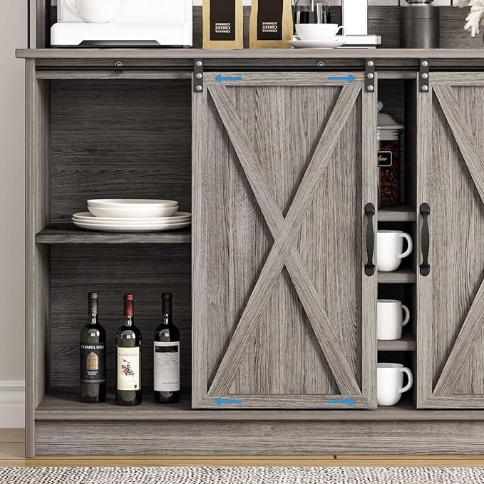 4ever2buy Farmhouse Coffee Bar Cabinet with Sliding Barn Doors, 50 Inch Coffee Bar Hutch with 6 Hooks and 9 Mug Rack, Hutch Cabinet with Storage for Living Room, Wash Grey