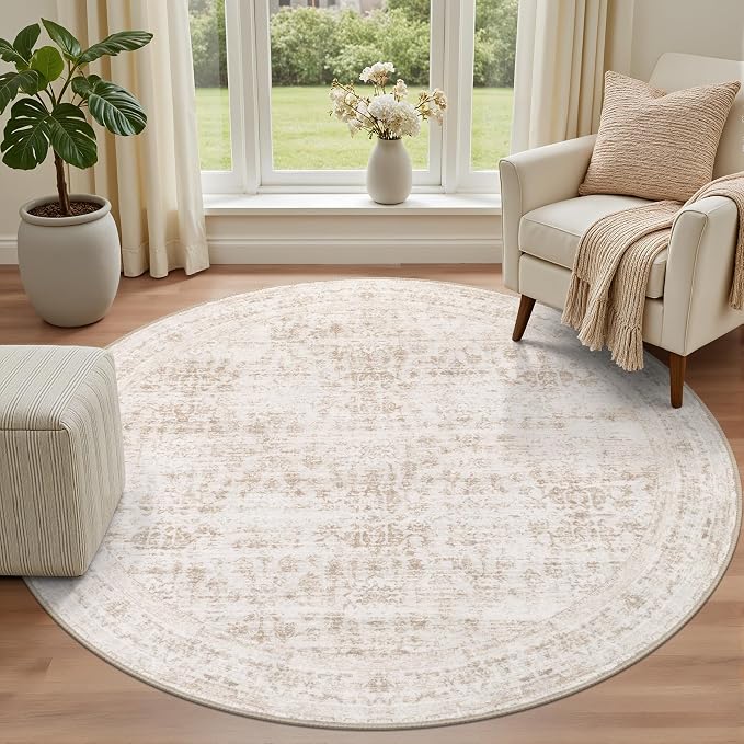 Round Area Rug for Living Room: 8ft Boho Washable Rug Beige Brown | Vintage - Image 2