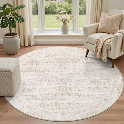 Round Area Rug for Living Room: 6ft Boho Washable Rug Beige Brown | Vintage - Image 2