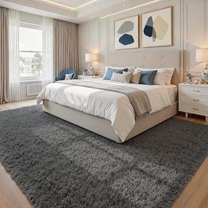 8x10 Fluffy Shag Area Rugs for Living Room Bedroom: Soft Plush Carpet Grey | - Image 4