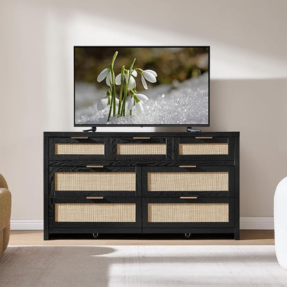 SICOTAS 7 Drawer Dressers for Bedroom Set 2, Long Rattan Dresser, Dresser TV - Image 9