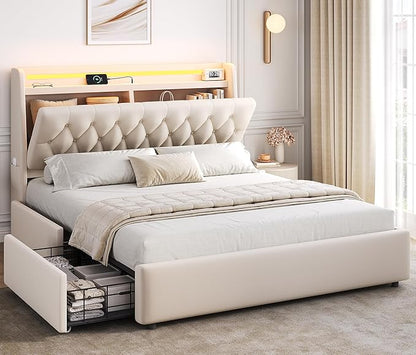 Full LED Velvet Bed Frame with 2 Storage Drawers&Hidden Headboard, Upholstered by JOCOEVOL