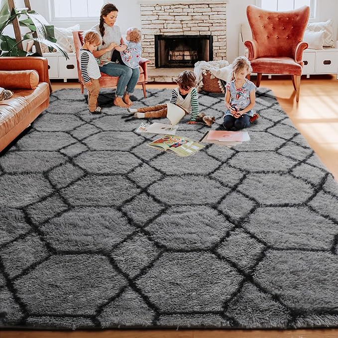 6x9 Area Rugs for Living Room Bedroom, Fluffy Grey and Black Geometric Rug | - Image 7