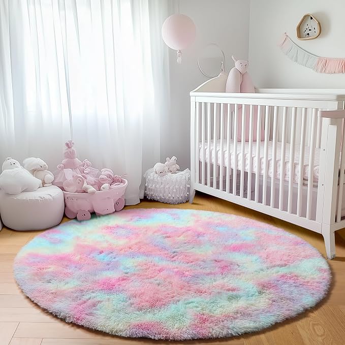Rainbow Round Rugs 6ft for Living Room Bedroom, Fluffy Circle Area Rug for Kids - Image 7