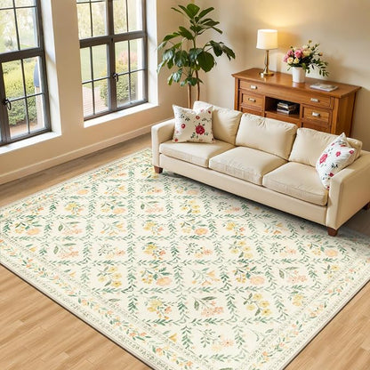 PLHXFR Area Rug Living Room: 5x7 Floral Washable Boho Carpet Beige Multi | by PLHXFRSoftAreaRugs