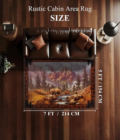 Rustic Cabin Area Rug for Bedroom 5x7, Machine Washable Woodland Bear Rug - Image 2