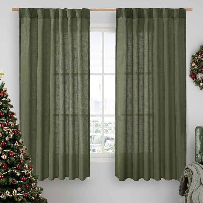Olive Green Semi Sheer Linen Curtains 60 Inch, Light Filtering Panels | Window by LAMIT
