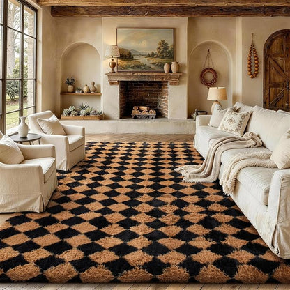 Ophanie 8x10 Black & Beige Diamond Checkered Rugs by Ophanie