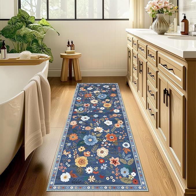 Floral Washable 2x10 Area Rugs Runner Entryway Hallway Blue/Grey | Flower - Image 8