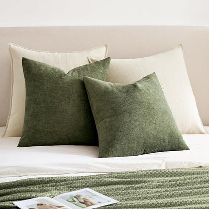 MIULEE Olive Green Chenille Couch Throw Pillow Covers, 20x20 | Set of 2 - Image 4