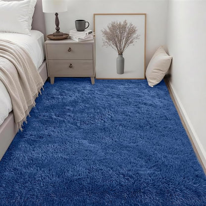 Area Rug Living Room Bedroom: 6x9 Fluffy Plush Shag Carpet Blue | - Image 3