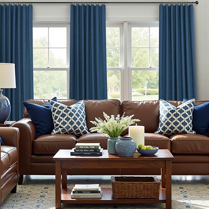 Navy Blue Curtains 108 Inches Long 2 Panel Faux Linen Nautical Modern Farmhouse - Image 2