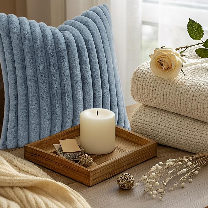 decorUhome Fall Faux Fur Throw Pillow Covers 22x22 Set of 2 Grey Blue | - Image 9