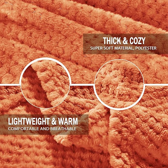 Exclusivo Mezcla Soft Waffle Fleece Bed Blanket King Size, Burnt Orange | - Image 7