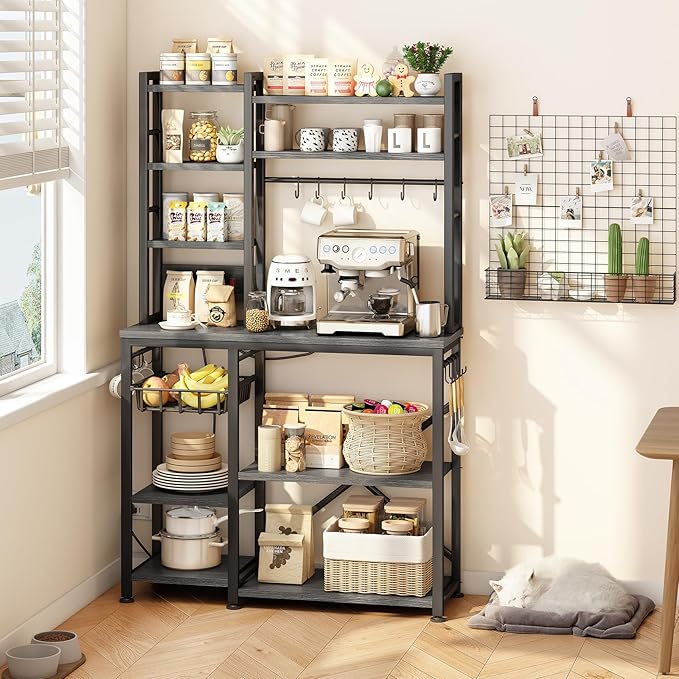 Baker Rack with Power Outlet - Microwave Stand with Storage, Large Coffee Bar Station with 14 Hooks, Metal Kitchen Shelf Rack for Spices, Pots (Rustic Grey)
