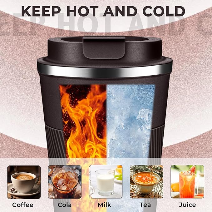Insulated Coffee Tumbler 12 oz, Stainless Steel Coffee Mug with Lids, Travel Coffee Mug Leak Proof, Double Wall Vacuum Insulated Reusable Coffee Cup, Keep Drinks Hot and Cold, Dark Chocolate, 12 Ounce